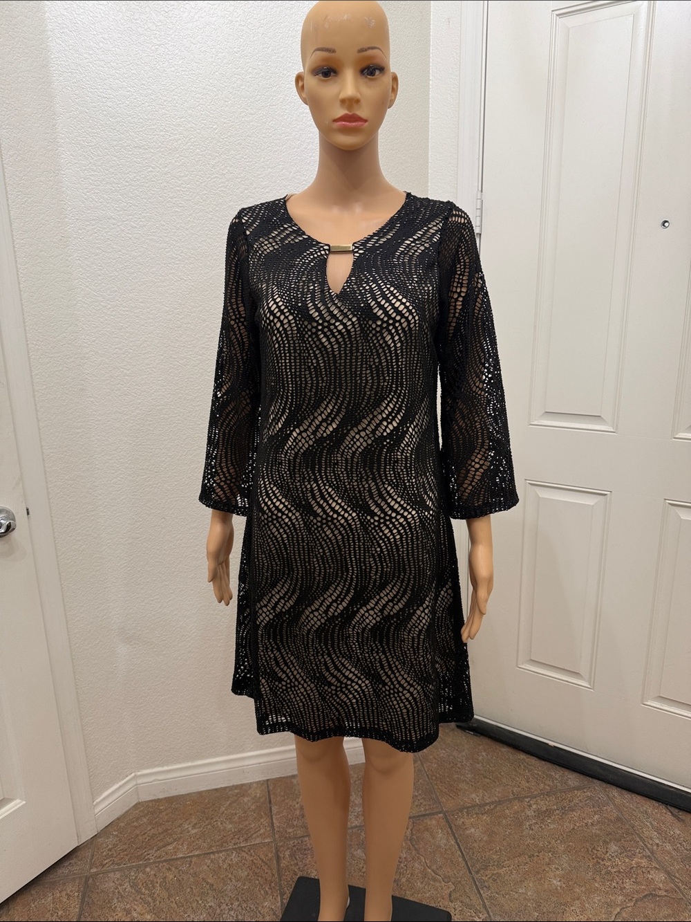 Haani Black Lace Midi Dress Nude Lining 3/4 Sleeve Peephole Metal Scoop Neck